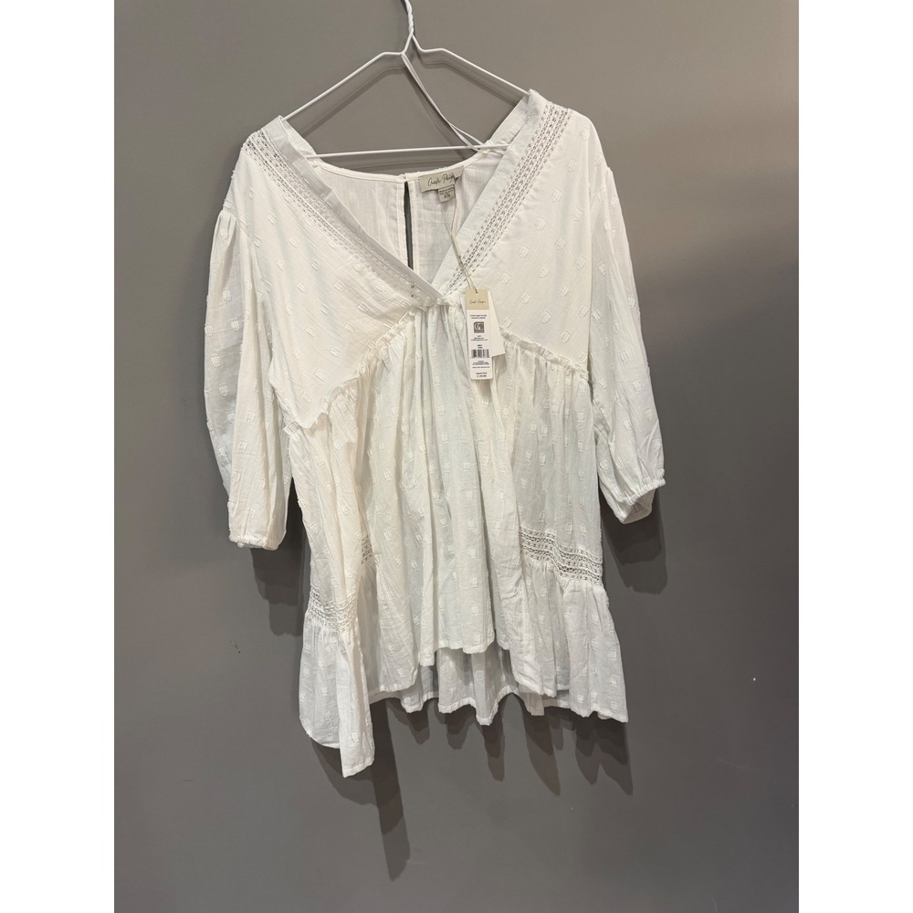 Charlie Paige White Dobby Tunic Top Crochet Lace V-Neck Babydoll Medium NWT